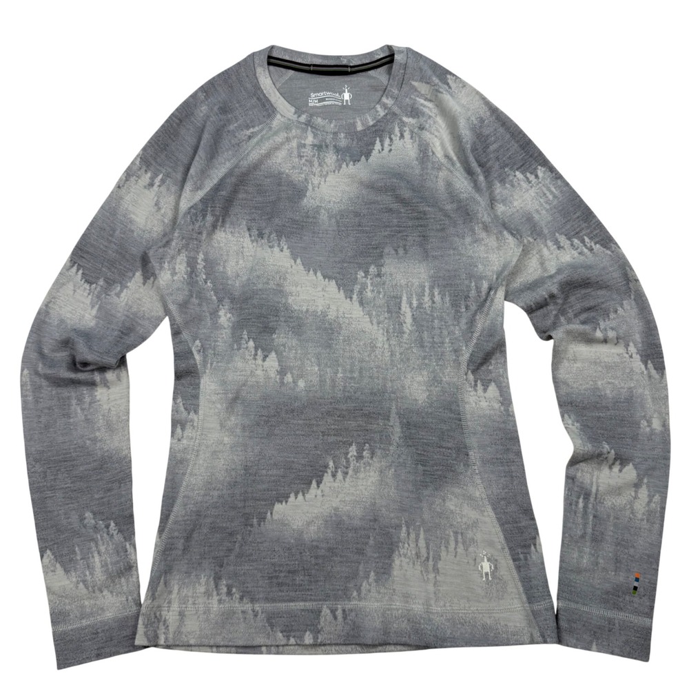 Smartwool Merino 250 Wool Base Layer Crew Gray Forest Mountain Print Womens M